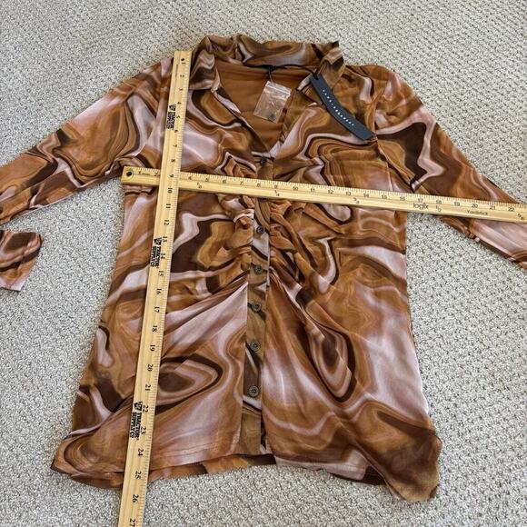 Jane + Delancey M Mesh Marbled Button Up Blouse Long Sleeve Ruched Casual Shirt - Picture 4 of 9